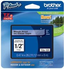 Brother Brolis | TZe-131 laminuota juosta | Juodas ant Clear | TZe | 8 m | 1,2 cm
