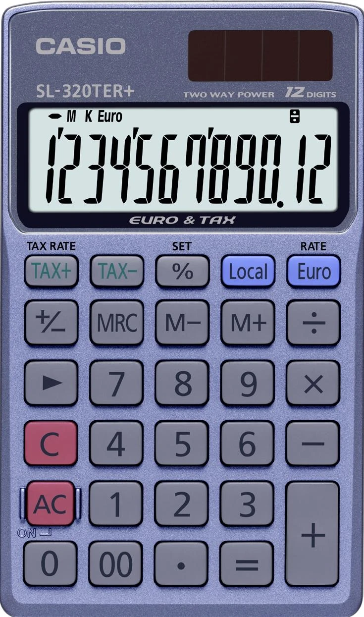 Casio SL-320TER+, Kišeninis, Bazinis, 12 skaitmenų, 1 eilutė, Baterija / Saulės energija, Mėlynas
