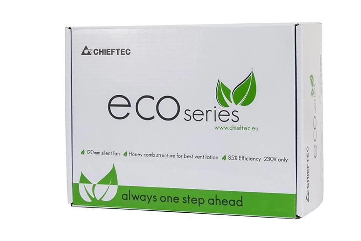 CHIEFTEC ECO serijos 500 W ATX-12V V.2.3 maitinimo šaltinis su 12 cm ventiliatoriumi Aktyvus PFC 230 V tik 85 proc. Efektyvumas, įskaitant maitinimo laidą