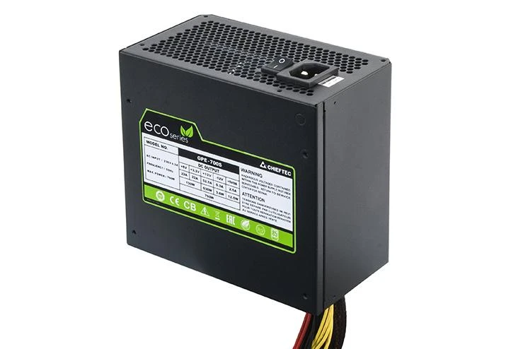 CHIEFTEC ECO serijos 500 W ATX-12V V.2.3 maitinimo šaltinis su 12 cm ventiliatoriumi Aktyvus PFC 230 V tik 85 proc. Efektyvumas, įskaitant maitinimo laidą