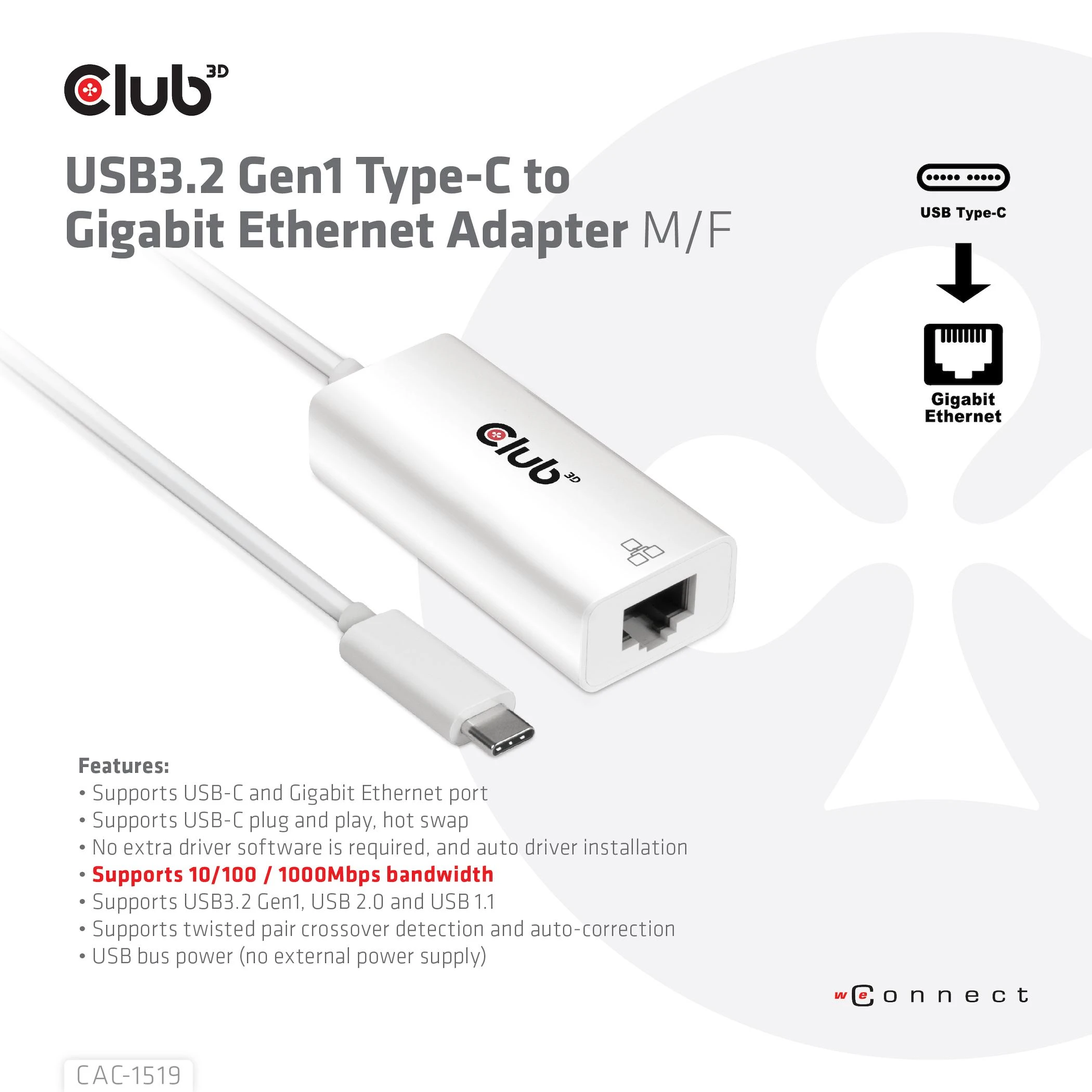 Club 3D USB-C į RJ-45 adapteris su techninėmis specifikacijomis