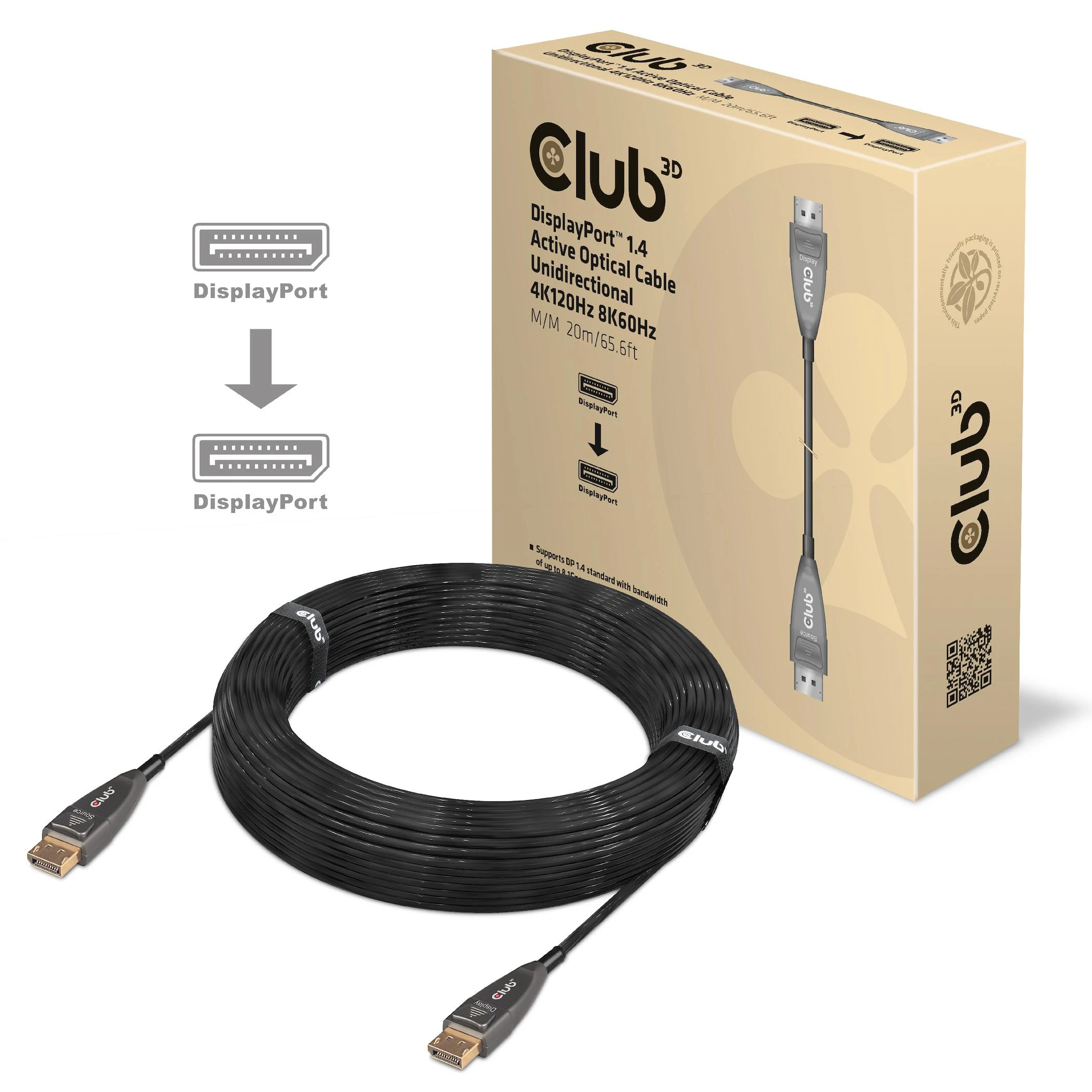 CLUB 3D DisplayPort 1.4 aktyvus optinis kabelis, vienkryptis 4K120Hz 8K60Hz M/M 20m