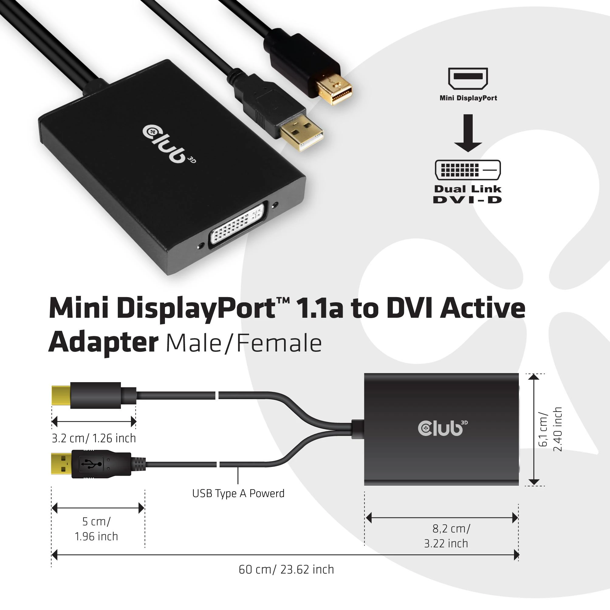 Club 3D Aktyvus Club3D Adapteris Mini DisplayPort 1.2 į Dual Link DVI-D aktyvus adapteris, tik HDCP, 4k30Hz, 60cm