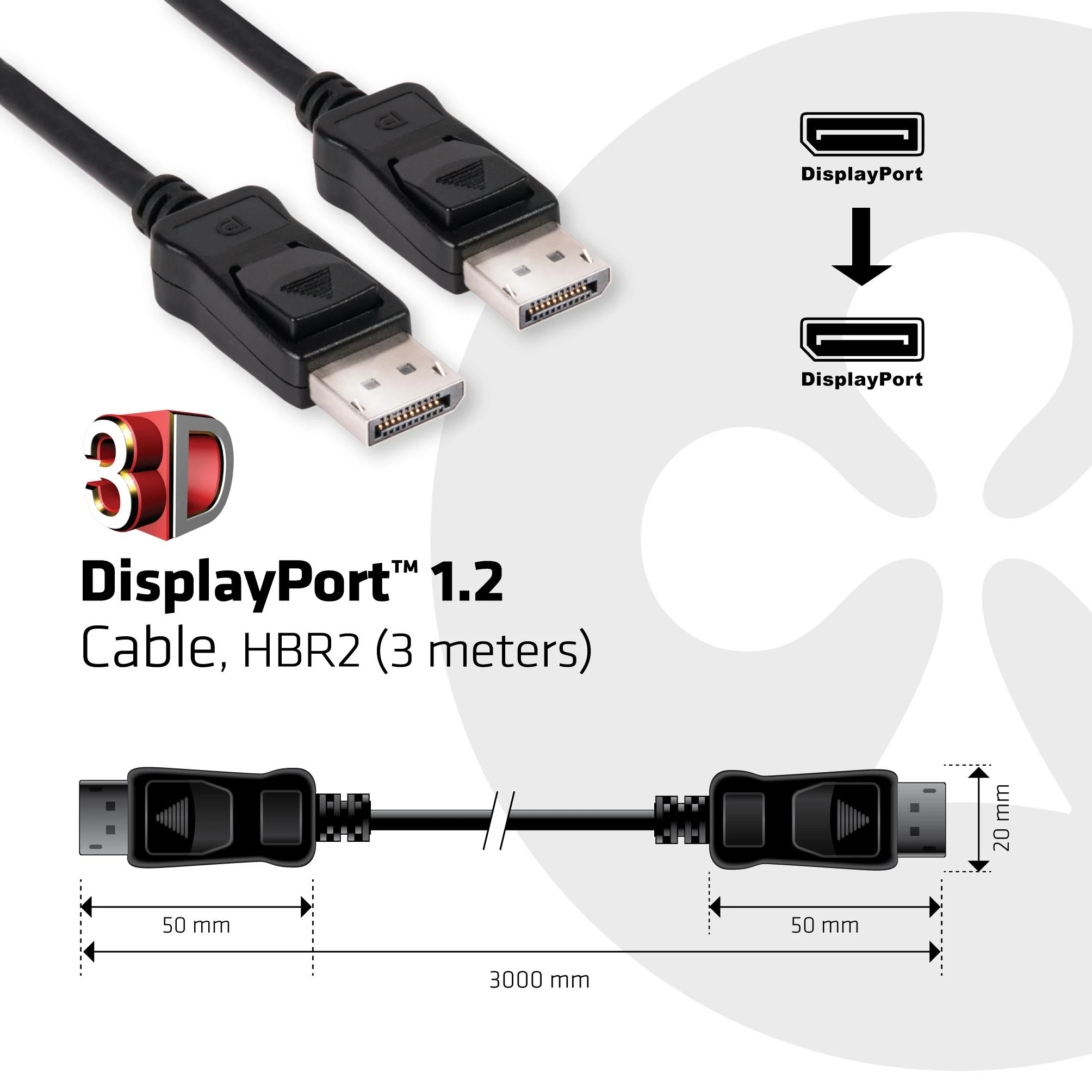 3 metrų ilgio DisplayPort kabelis su jungčių matmenimis