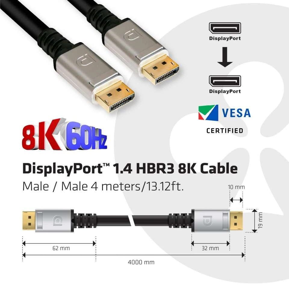 Club 3D DisplayPort 1.4 laidas su techniniais matmenimis