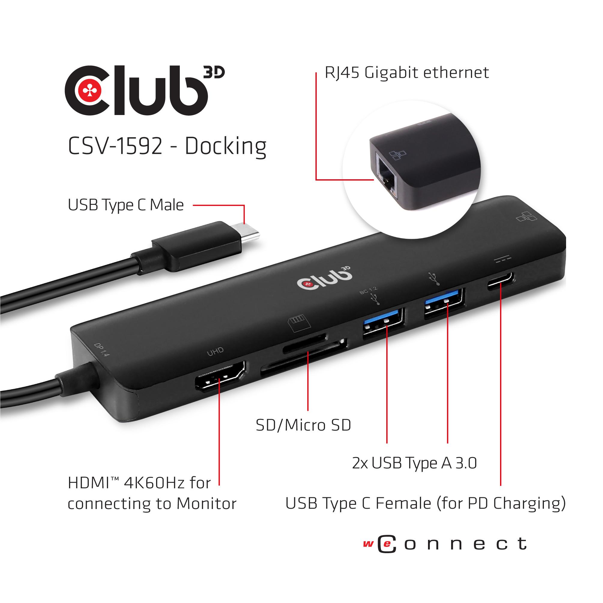 Club 3D USB-C 3.2 7in1 Hub HDMI 4K60HZ su SD TF kortelės lizdu + RJ45