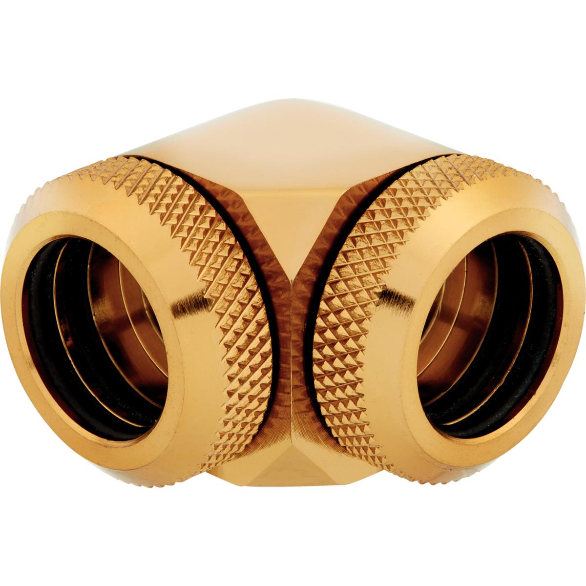 Corsair „Hydro X“ serijos XF kietojo vamzdžio adapteris 90 laipsnių kampu nuo 14 mm išorinio skersmens iki 14 mm išorinio kietojo vamzdžio – 2 vnt. pakuotėje, auksinis