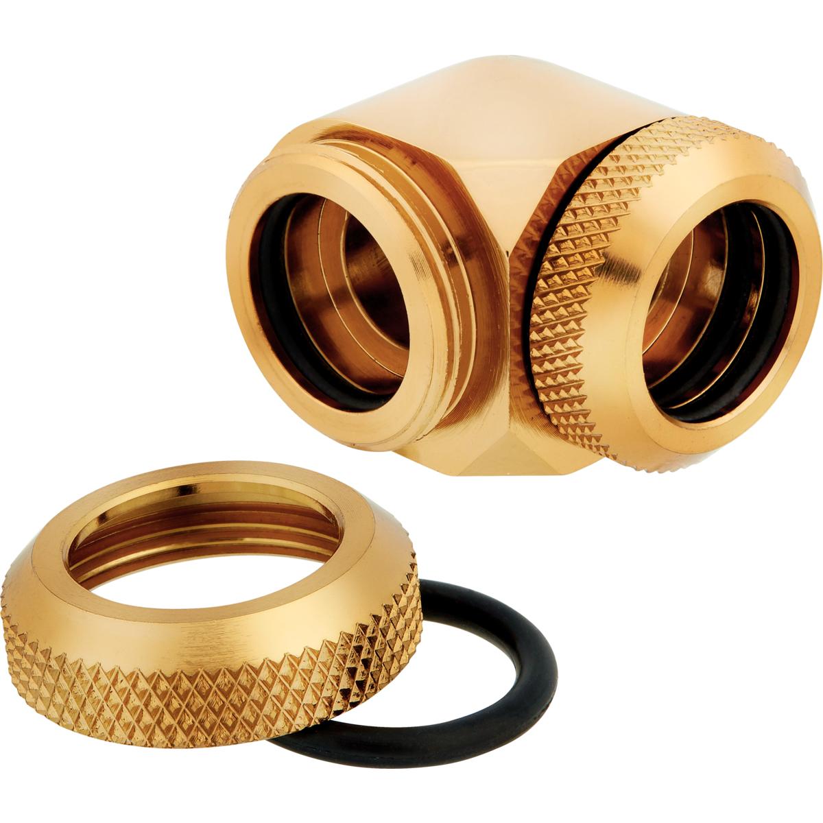 Corsair „Hydro X“ serijos XF kietojo vamzdžio adapteris 90 laipsnių kampu nuo 14 mm išorinio skersmens iki 14 mm išorinio kietojo vamzdžio – 2 vnt. pakuotėje, auksinis