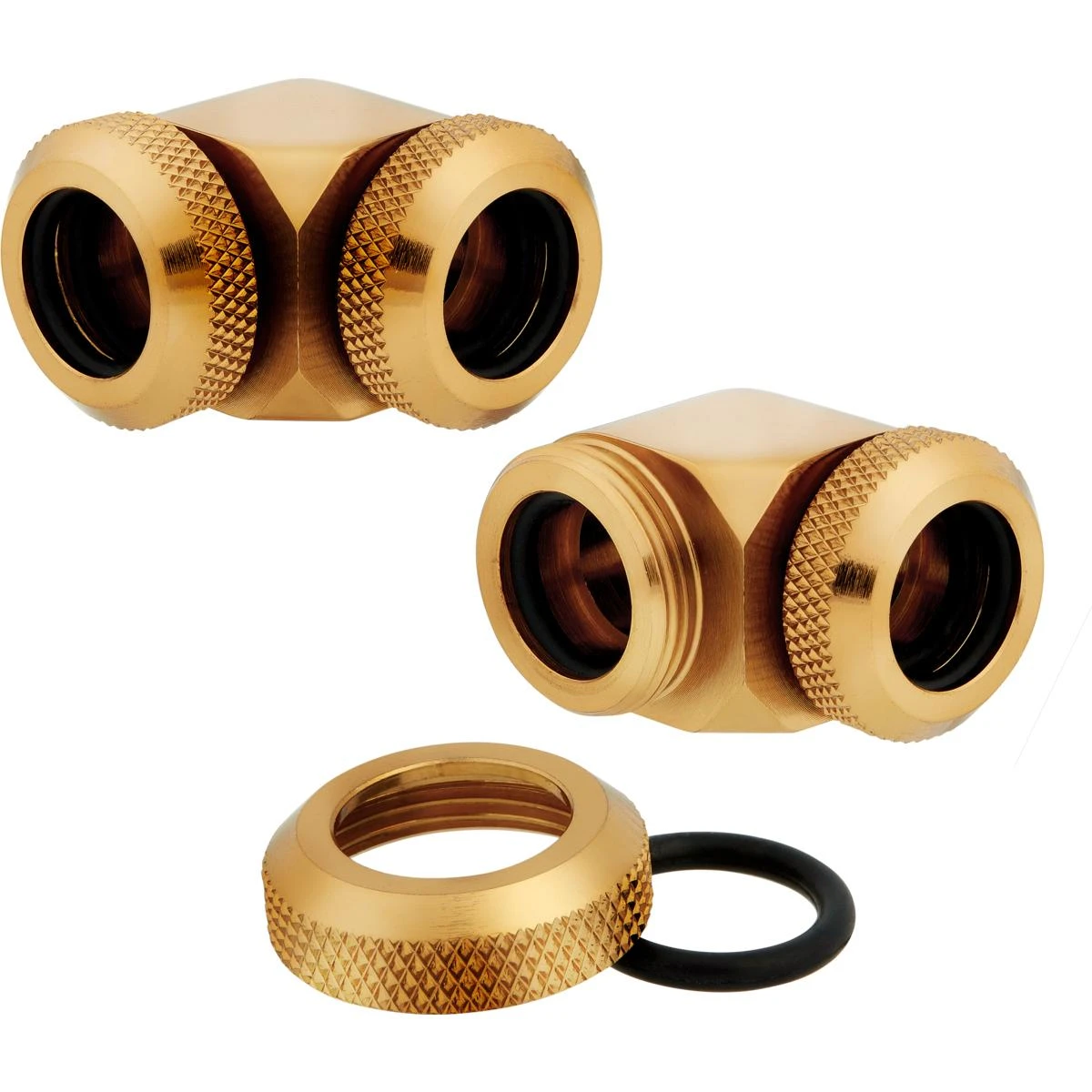 Corsair „Hydro X“ serijos XF kietojo vamzdžio adapteris 90 laipsnių 12 mm išorinio skersmens ir 12 mm išorinio skersmens kietajam vamzdžiui – 2 vnt. pakuotėje, auksinis