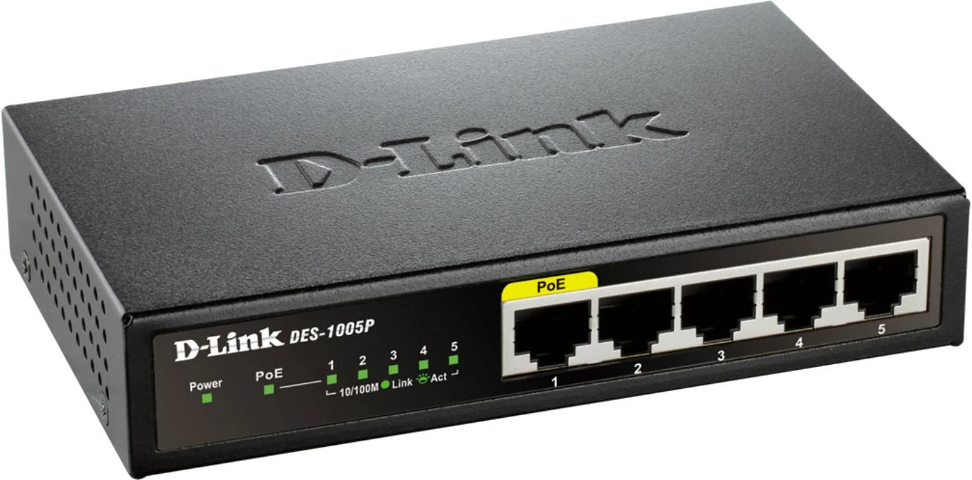 Šakotuvas D-Link DES-1005P/E tinklo komutatorius Ne-valdomas L2 Fast Ethernet (10/100) Juoda Maitinimas per Eternetą (PoE)