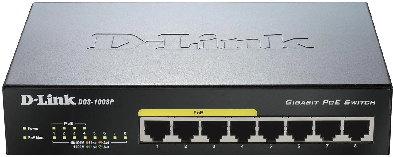 Šakotuvas Komutatorius D-Link 8x10 / 100 / 1000Mbps RJ45, 4xPoE, 52W, / DGS-1008P