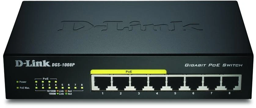 Šakotuvas Komutatorius D-Link 8x10 / 100 / 1000Mbps RJ45, 4xPoE, 52W, / DGS-1008P