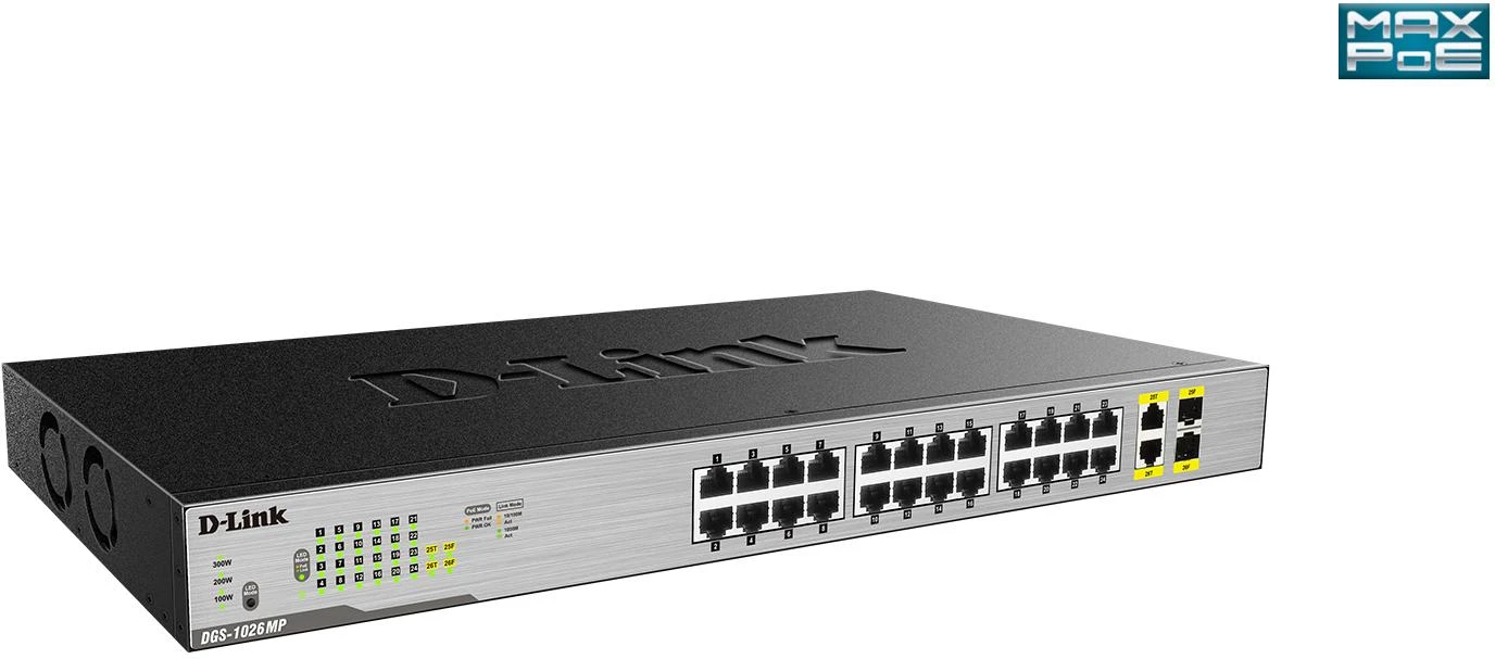 Šakotuvas D-Link | Jungiklis | DGS-1026MP | Nevaldomas | Montuojamas ant stovo | Gigabit Ethernet (vario) jungtys kiekis 24 | SFP jungtys kiekis 2 | PoE/Poe+ jungtys kiekis 24 | Maitinimo tipas Vienvietis | 24 mėn.