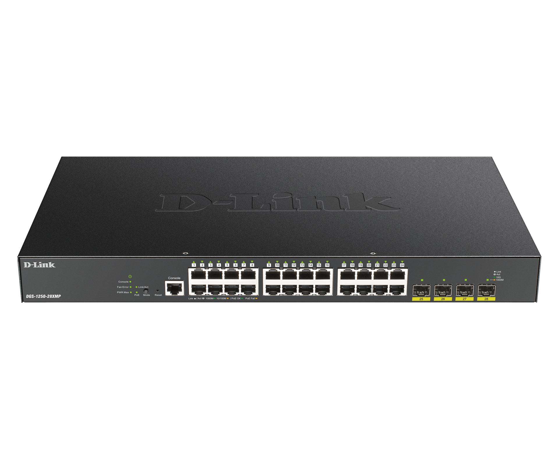 Šakotuvas D-LINK 28 prievadų išmanusis valdomas PoE+ gigabito komutatorius 4x 10G