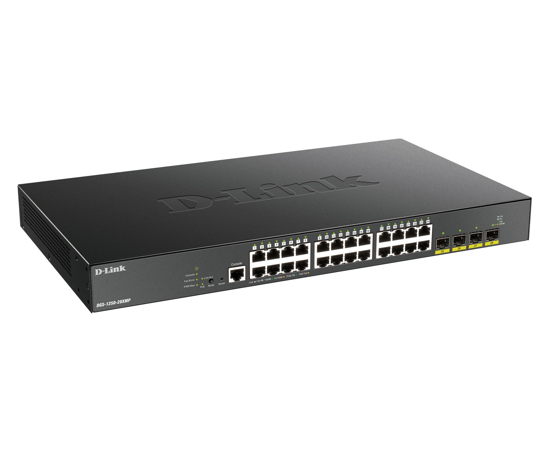 Šakotuvas D-LINK 28 prievadų išmanusis valdomas PoE+ gigabito komutatorius 4x 10G