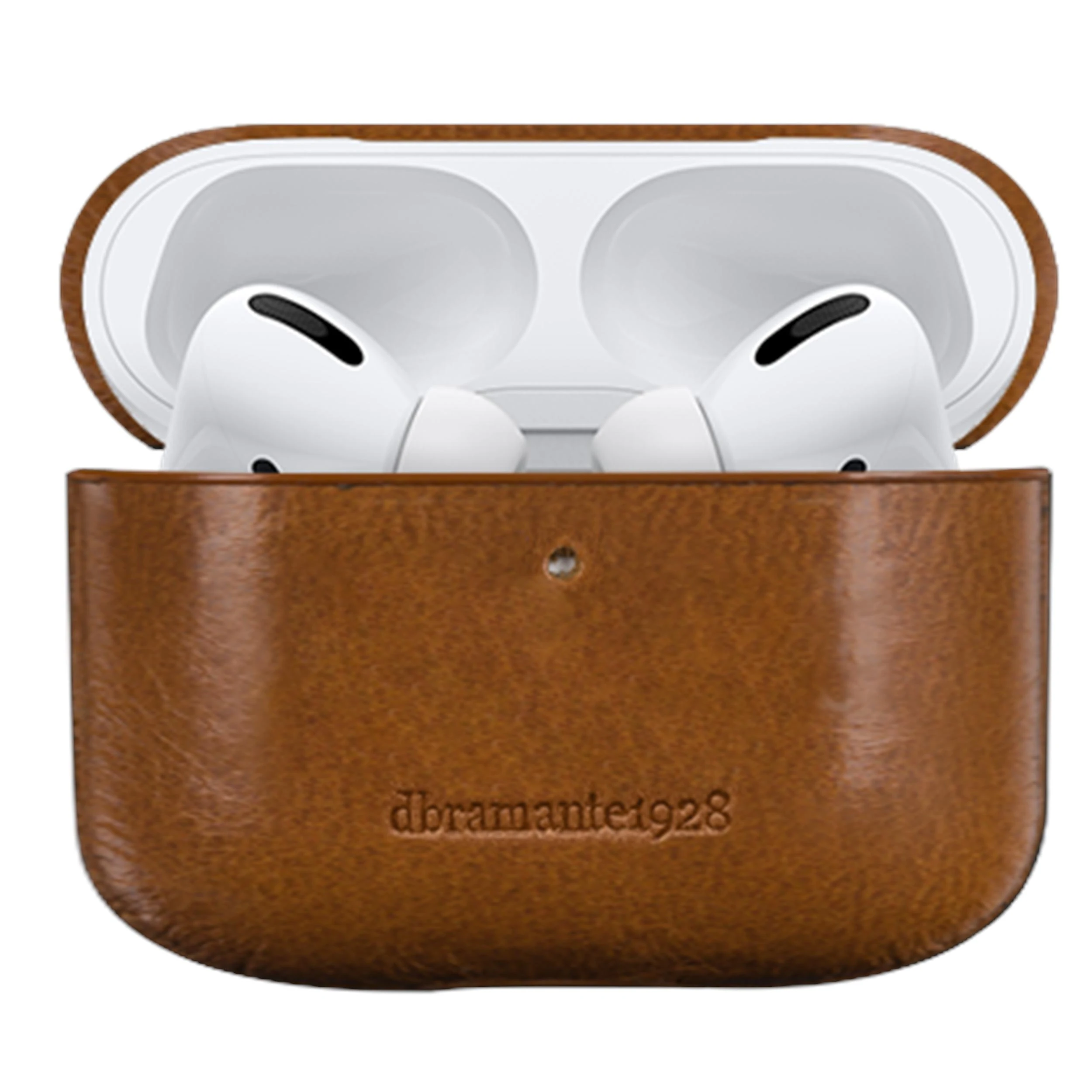 Rudas odinis AirPods dėklas su atidarytu dangteliu