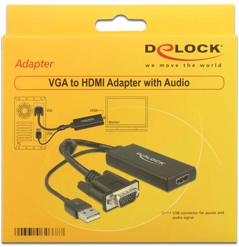Delock VGA zu HDMI Adapteris mit Audio juodas/juodas 0,25m USB Typ-A Anschluss 0,25m