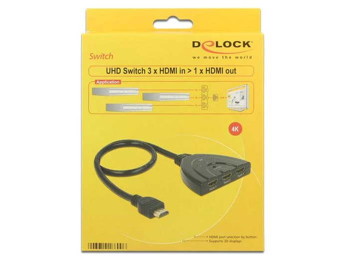 Delock HDMI jungiklis geltonos spalvos pakuotėje
