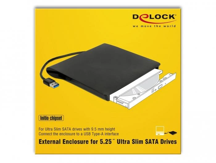 Delock korpusas skirtas 5,25 itin ploniems SATA diskams 9,5 mm iki A tipo USB kištuko