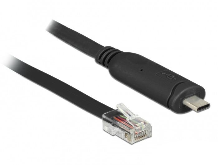 ADAPTERIS USB-C(M) 2.0->SERIAL RJ45 (RS-232) NA KABLU 200CM JUODA DELOCK