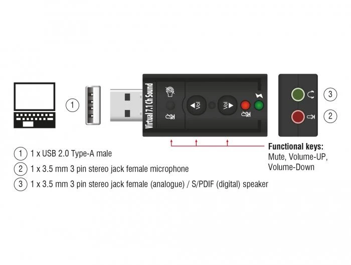 Delock išorinė garso plokštė - pajungimo schema