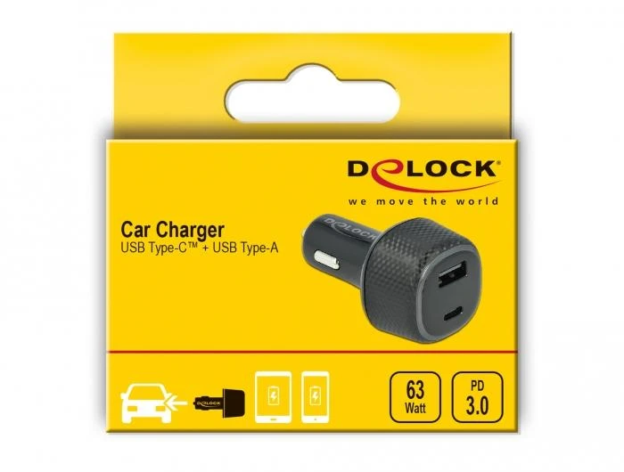 Delock automobilinis įkroviklis USB Type-C™ PD 3.0 ir USB Type-A su 63 W