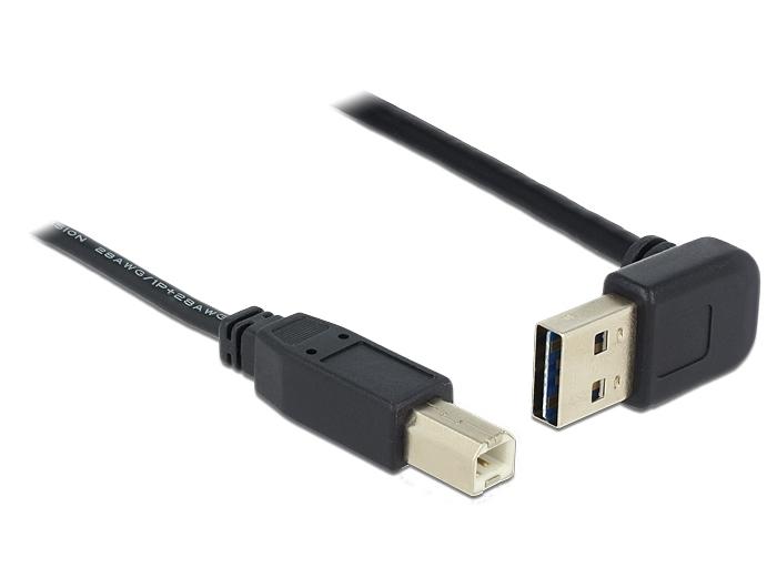 „Delock“ USB AM-BM 2.0 kabelis, 0,5 m, juodas, kampuotas aukštyn/žemyn, „Easy-USB“