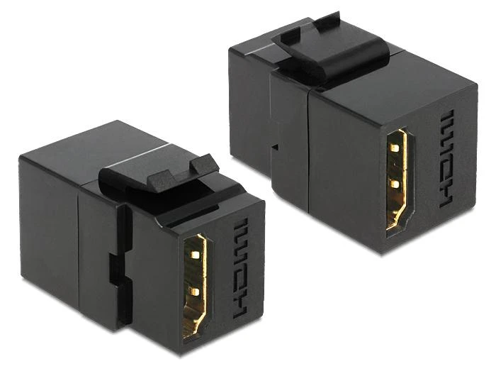 Du juodi HDMI Keystone moduliai su HDMI jungtimis