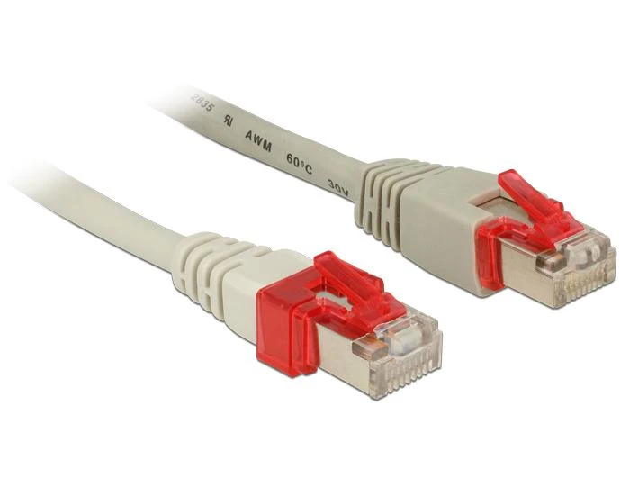 RJ45 tinklo kabelio galai su raudonais fiksatoriais