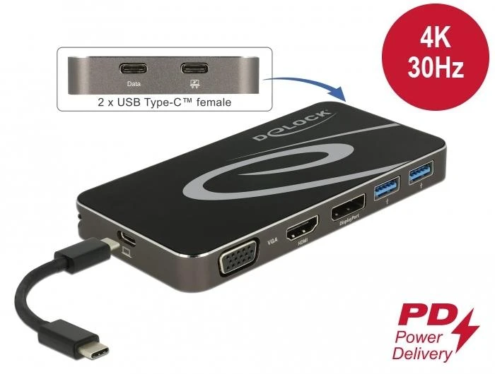 Delock USB-C stotis su HDMI, VGA ir DisplayPort jungtimis