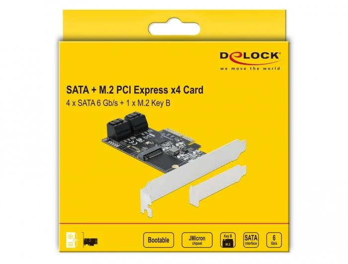Delock 4 prievadų SATA ir 1 lizdas M.2 Key B PCI Express x4 kortelė