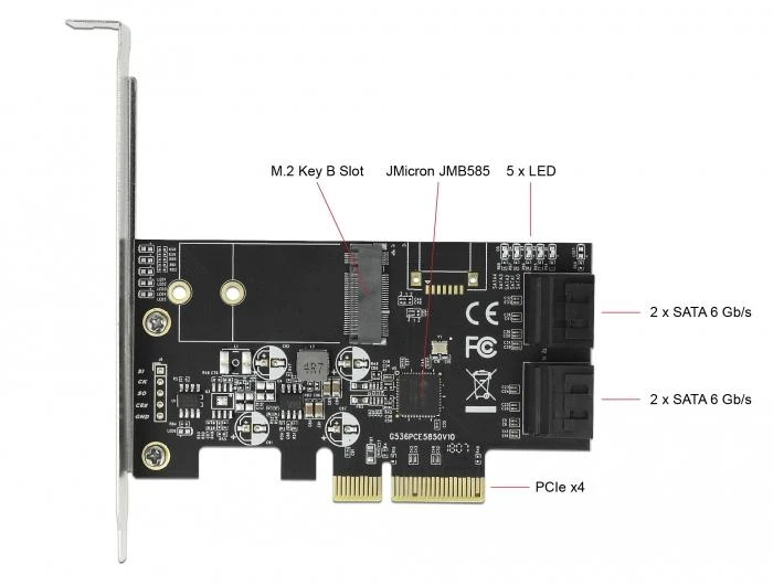 Delock 4 prievadų SATA ir 1 lizdas M.2 Key B PCI Express x4 kortelė