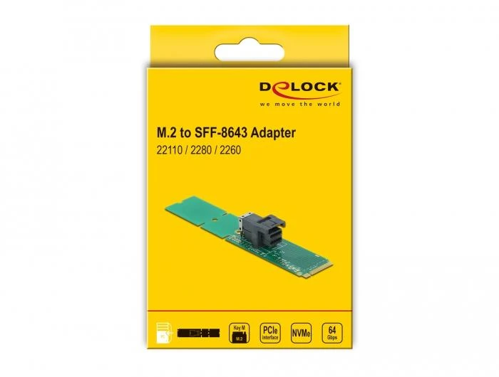 „DeLOCK“ adapteris M.2 M rakto į SFF-8643 NVMe 22110 / 2280 / 2260, M.2, SFF-8643, žalias, pakabinimo dėžutė
