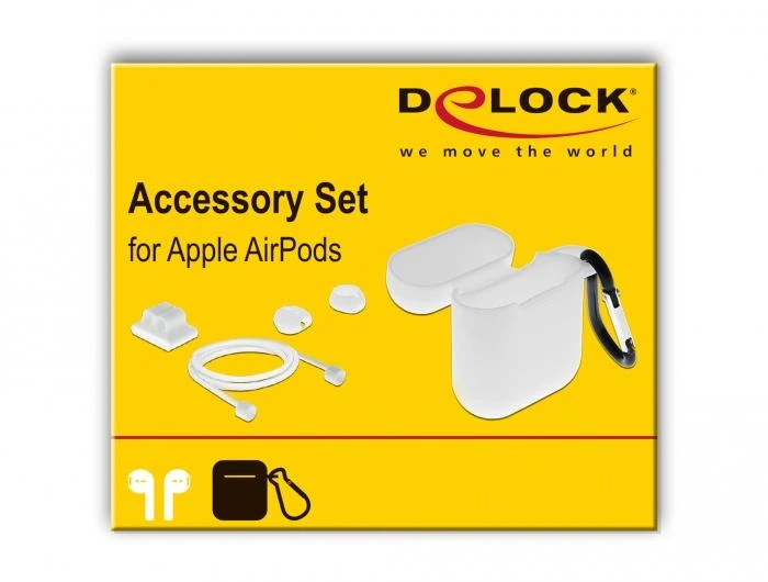 Delock AirPods priedų rinkinys geltonoje pakuotėje