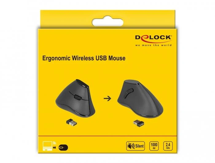 Delock Ergonomiška vertikali optinė 5 mygtukų pelė 2,4 GHz belaidė – tyli