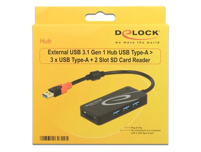 Delock USB 3.1 šakotuvas su kortelių skaitytuvu pakuotėje