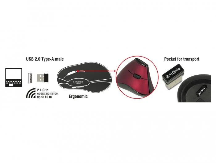 Ergonomiška vertikali optinė 5 mygtukų pelė 2,4 GHz bevielė DeLOCK raudona/juoda / 12528