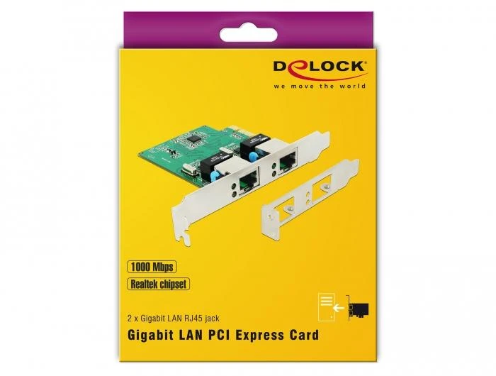 DELOCK PCI EXPRESS X1 2X RJ45 1GB TINKLO KORTELĖ, TAIKYKITE ŽEMUS PROFILIUS
