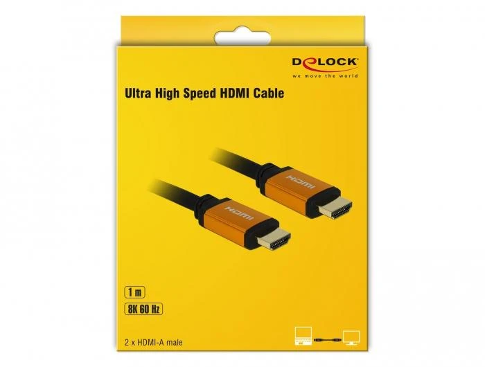 HDMI laidas Delock 1m 8K 60Hz geltonoje pakuotėje