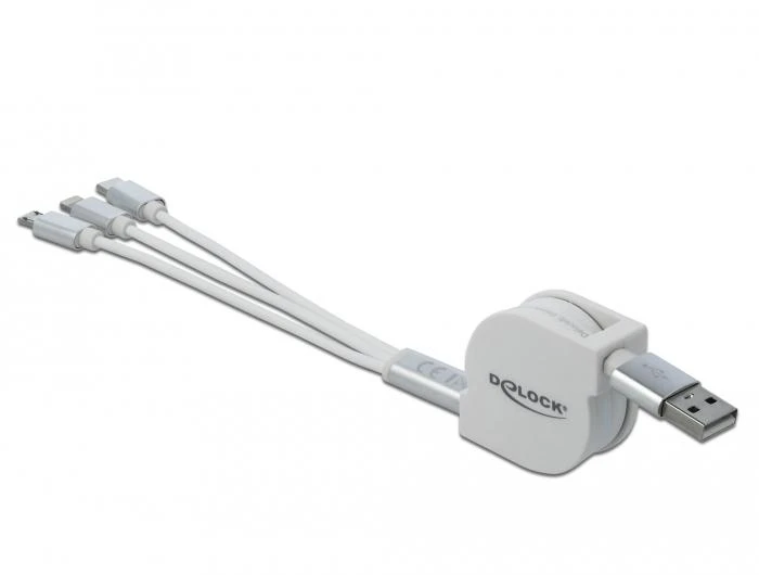 DELOCK USB 3in1 ištraukiamas 8 kontaktų įkrovimo kabelis / Micro USB / USB Type-C baltas