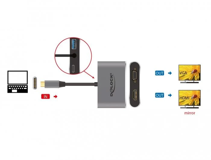 Delock USB-C adapteris: vaizdo perdavimo ir prievadų schema