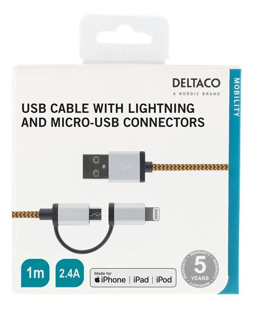 Deltaco Mob. telefono kabelis STREETZ USB-microUSB+Lightning, 1.0m, oranžinis / IPLH-241