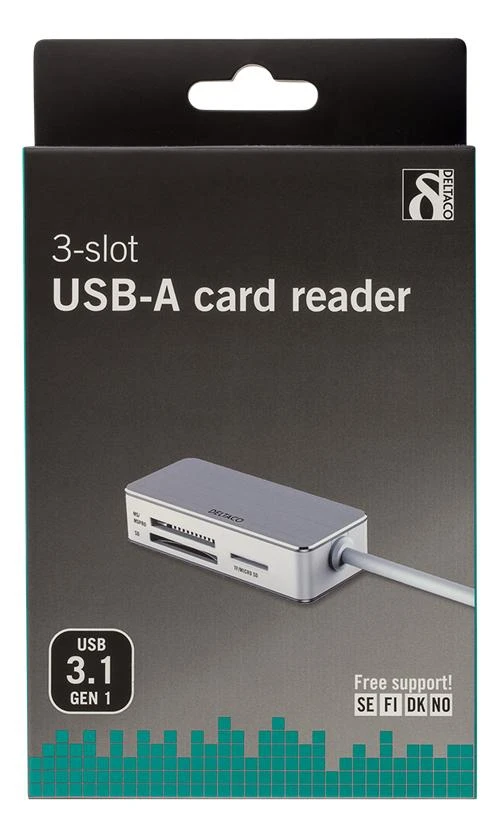 Deltaco 3-slot USB-A atminties kortelių skaitytuvas pakuotėje