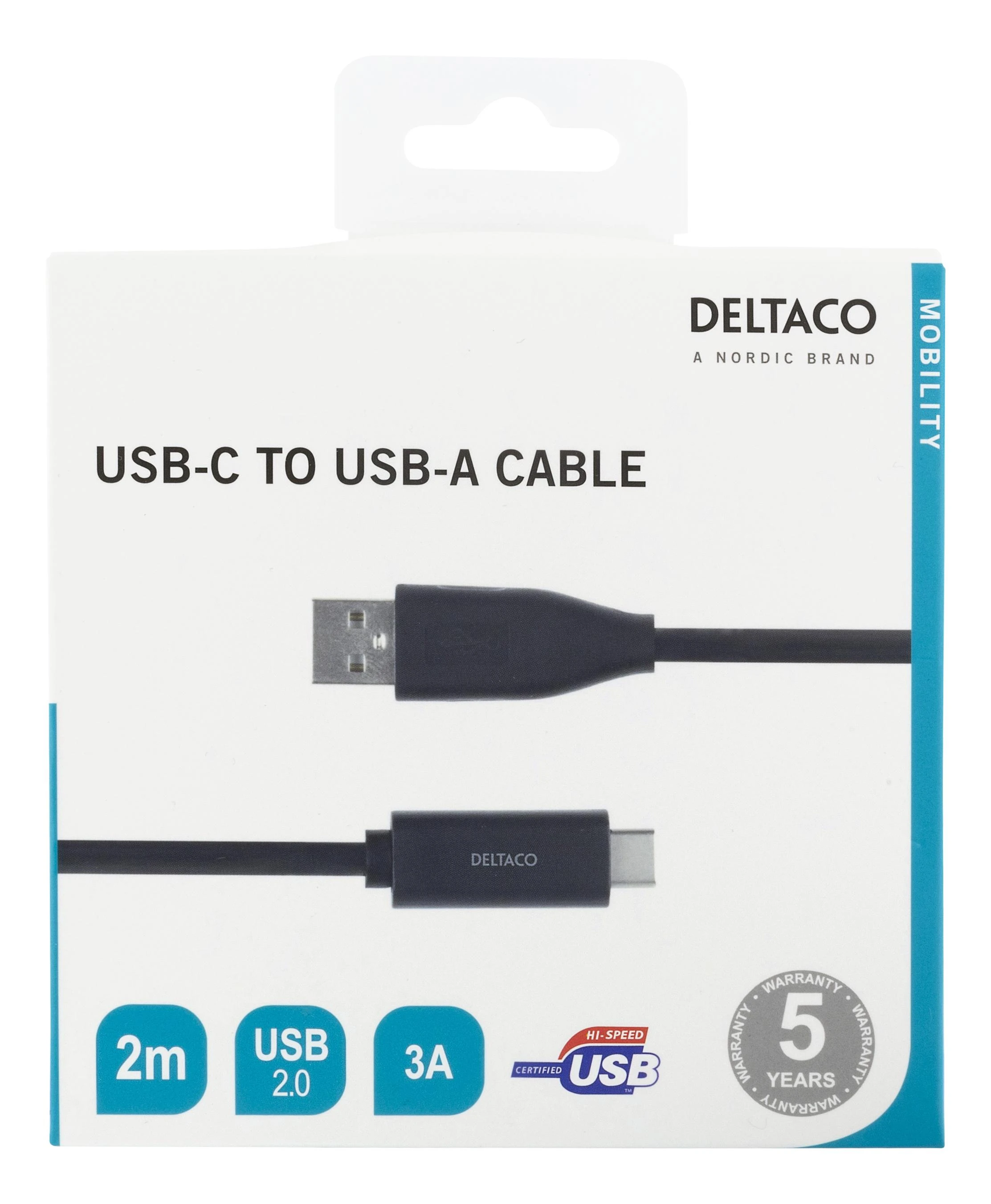 USB-C į USB-A kabelį, 2 m, 3A, USB 2.0, juoda DELTACO / USBC-1006M