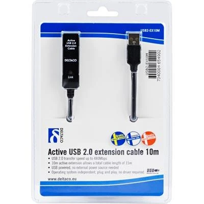 Kabelis DELTACO USB 2.0 ilgintuvas, 10.0m, aktyvus, juodas / USB2-EX10M