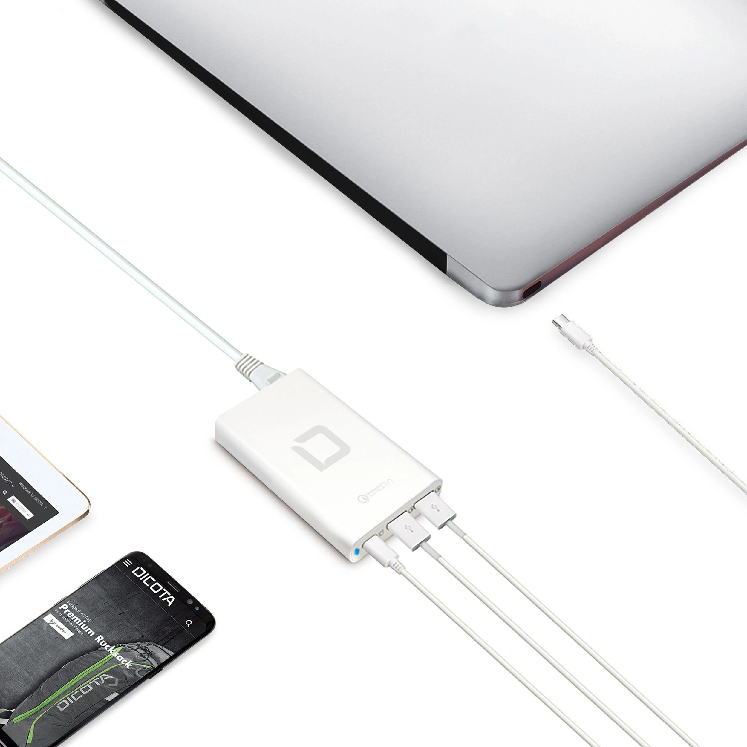 DICOTA 40W įkroviklis su USB-C jungtimi ir laidais