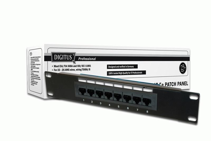 Assmann Electronic DIGITUS CAT 5e D klasės Patch Panel neekranuotas 8 prievadų RJ45 8P8C LSA 1U 254 mm (10 colių) Rack Mount spalva juodas RAL 9005