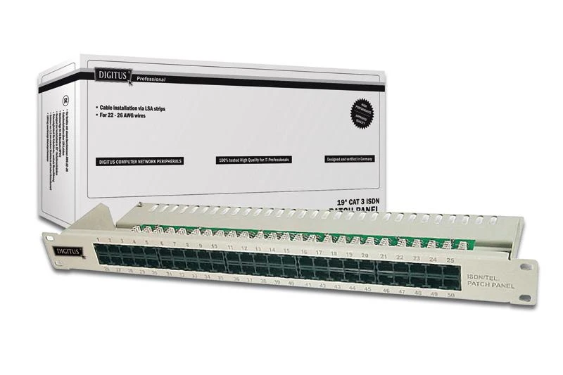 „Assmann Electronic DIGITUS CAT 3 ISDN“ komutacinė panelė, neekranuota, 50 prievadų RJ45 8P4C LSA 1U, montuojama ant stovo, pilkos spalvos RAL 7035