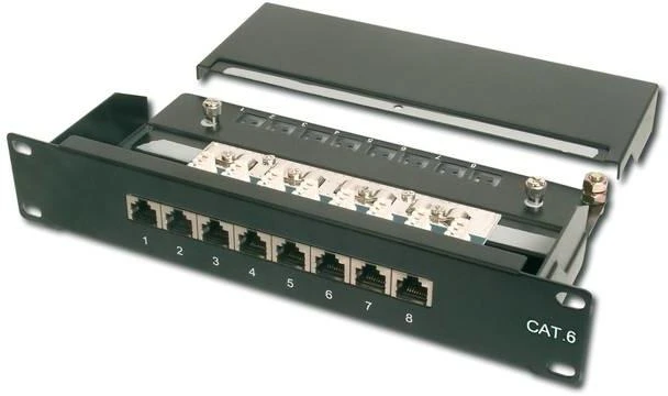 Assmann Electronic DIGITUS CAT 6 E klasės skydelis ekranuotas 8 prievadų RJ45 8P8C LSA 1U 254 mm (10 colių) Rack Mount spalva juodas RAL 9005