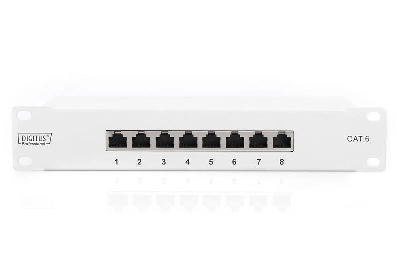 Assmann Electronic DIGITUS CAT 6 E klasės skydelis ekranuotas 8 prievadų RJ45 8P8C LSA 1U 254 mm (10 colių) Rack Mount spalva juodas RAL 9005